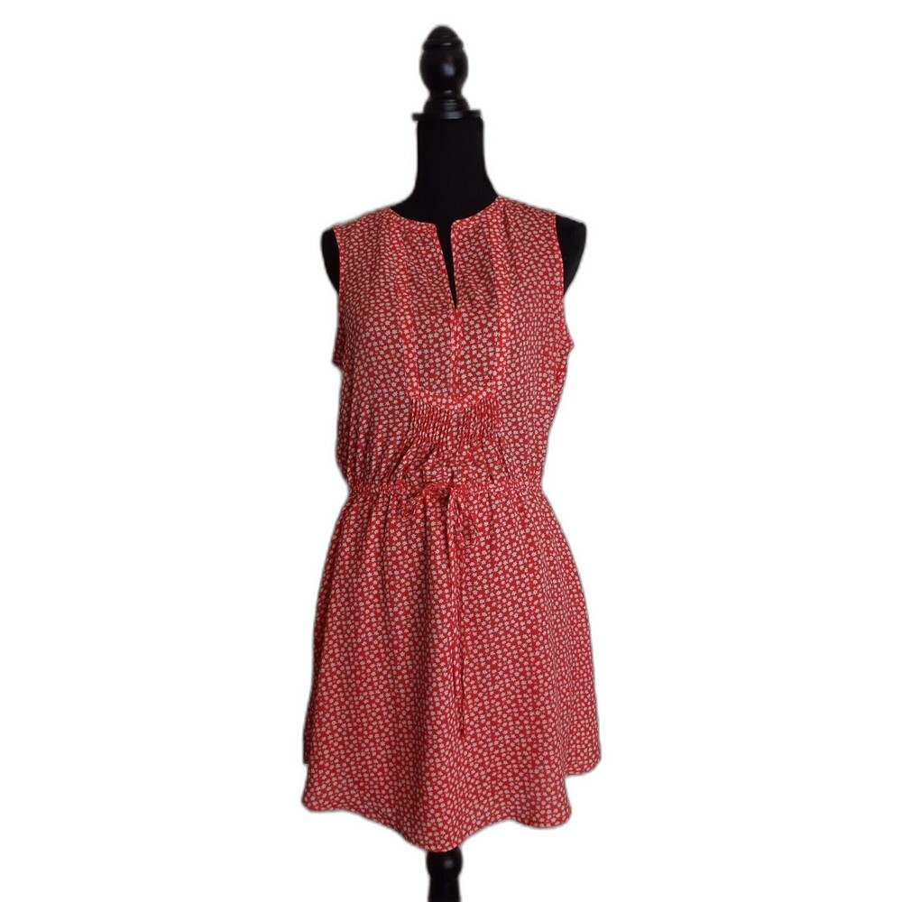 Gap Mini Dress Small Red White Ditsy Floral Tie Waist Sleeveless Pockets